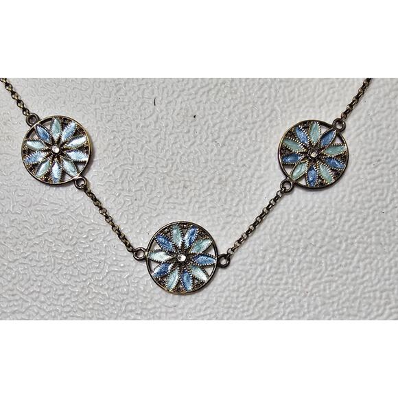 ITALY DYADEMA VERMEIL STERLING BLUE & GREEN ENAMEL FLORAL PETAL NECKLACE - Picture 8 of 9